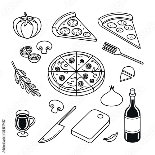 Food and drink icons set with doodle-style illustrations of various meals and beverages