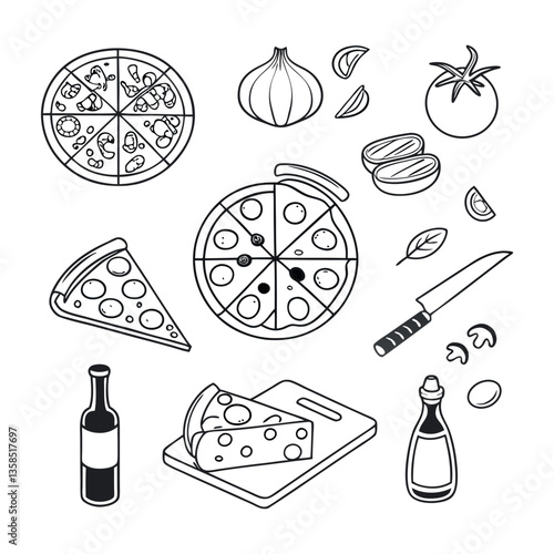 Food and drink icons set with doodle-style illustrations of various meals and beverages