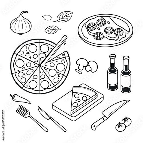 Food and drink icons set with doodle-style illustrations of various meals and beverages