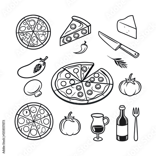 Food and drink icons set with doodle-style illustrations of various meals and beverages