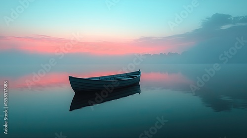 A solitary wooden boat floats peacefully on a tranquil lake water