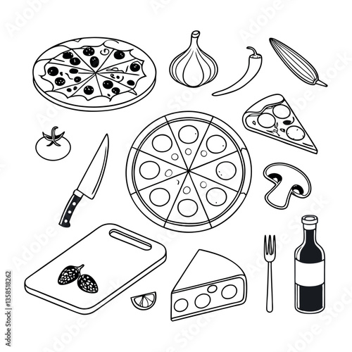 Food and drink icons set with doodle-style illustrations of various meals and beverages