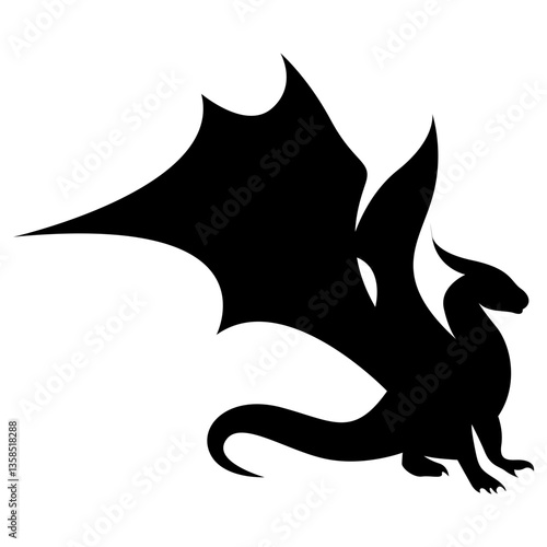 Silhouette of Black Dragon. Flat Vector Illustration.