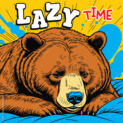 Illustration of brown bear relaxing on soft pillow with lazy expression in colorful comic style. Animal lifestyle concept
