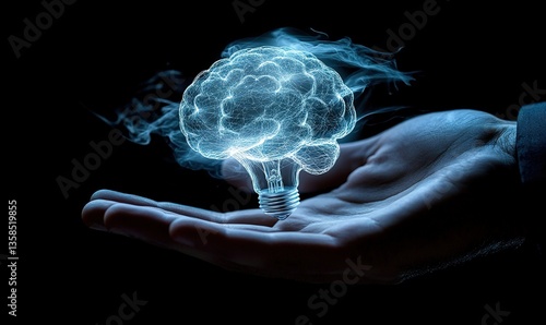Businessman Holding a Glowing Light Bulb with Brain Icon – A Symbol of Innovation, Creativity, and Futuristic Digital Marketing Strategy