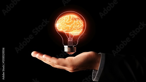 Businessman Holding a Glowing Light Bulb with Brain Icon – A Symbol of Innovation, Creativity, and Futuristic Digital Marketing Strategy