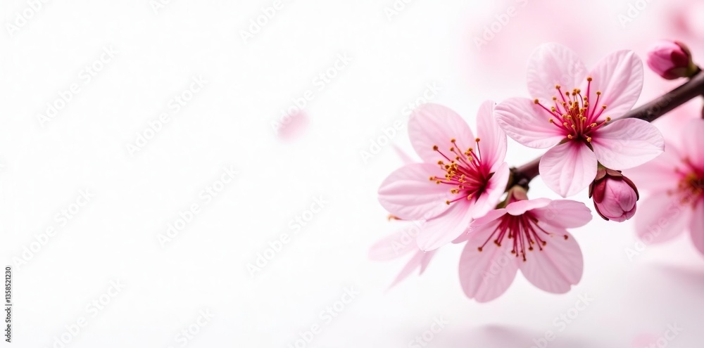 Delicate pink cherry blossoms floating on white background, zen, blooming Delicate pink cherry blossoms floating on white background, zen, blooming
