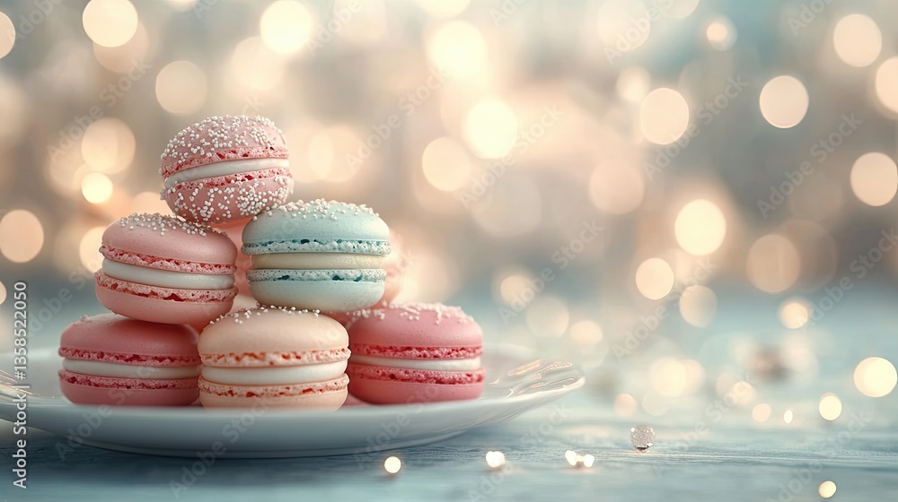 A beautiful stack of colorful macarons on a white plate A beautiful stack of colorful macarons on a white plate