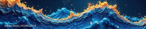 Digital illustration of a shiny gold and blue wave pattern with central 2025 date,  texture,  blue