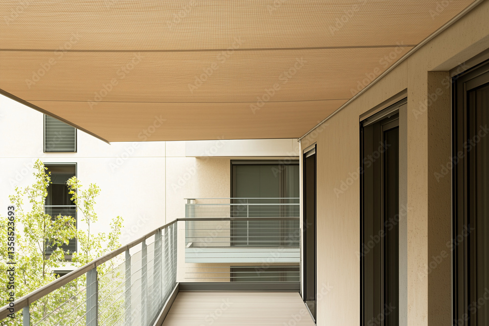 Fototapeta premium Architecture design of balcony with perfect proportion, Residence balcony, Modern design of building, Perspective view of walkway inside building.