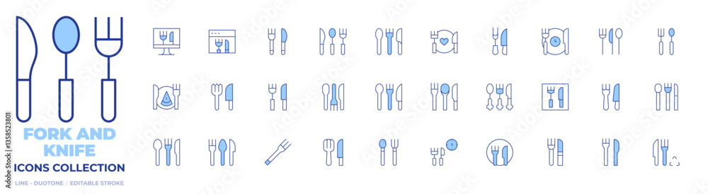 Fork and knife icons collection. Line Duotone style, editable stroke. cutlery, food, online, restaurant, time to eat, lunch time, baby cutlery, knife, diet Fork and knife icons collection. Line Duotone style, editable stroke. cutlery, food, online, restaurant, time to eat, lunch time, baby cutlery, knife, diet