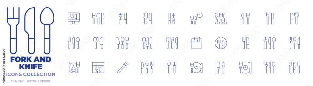 Fork and knife icons collection. Thin Line icons, editable stroke. cutlery, food, online, restaurant, time to eat, kitchen utensils, lunch time, baby cutlery, eat Fork and knife icons collection. Thin Line icons, editable stroke. cutlery, food, online, restaurant, time to eat, kitchen utensils, lunch time, baby cutlery, eat
