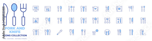 Fork and knife icons collection. Line Duotone style, editable stroke. cutlery, food, online, restaurant, time to eat, lunch time, baby cutlery, knife, diet