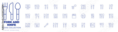 Fork and knife icons collection. Thin Line icons, editable stroke. cutlery, food, online, restaurant, time to eat, kitchen utensils, lunch time, baby cutlery, eat