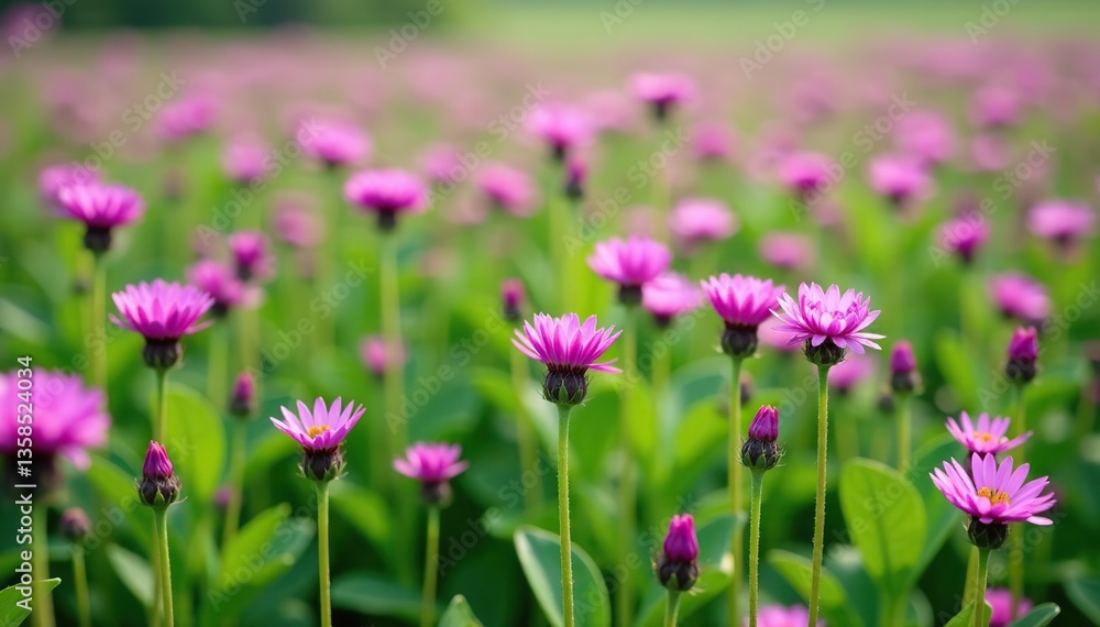Field of blooming purple flowers with vibrant green stems of potato plants scattered throughout, blossom, green Field of blooming purple flowers with vibrant green stems of potato plants scattered throughout, blossom, green