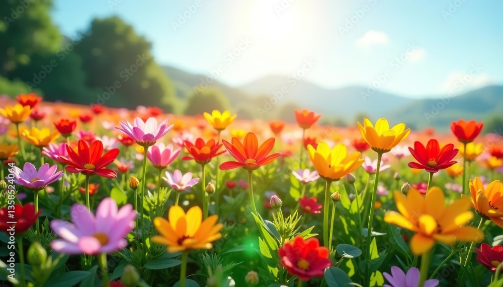 Fototapeta premium Field of colorful flowers blooming under a bright sunlight, flowers, environment