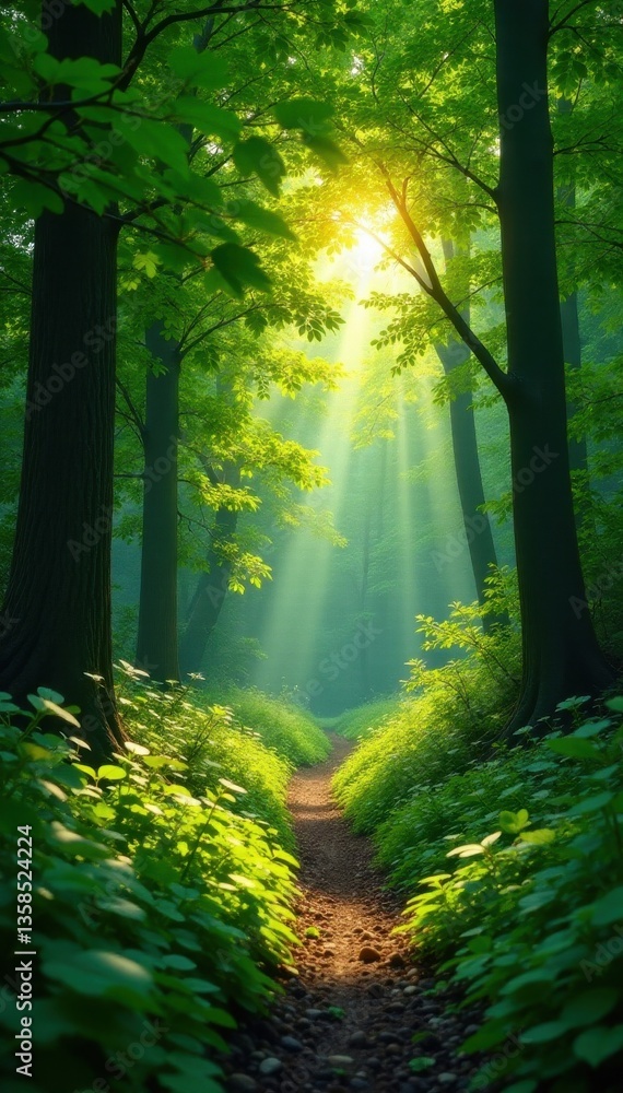 Fototapeta premium Sun-dappled green canopy, vibrant undergrowth, woodland, photo, environment