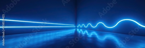 Dynamic blue neon lines glowing in dark room with floor reflection, virtual ribbon loop, minimalist wallpaper,  blue, 3D render