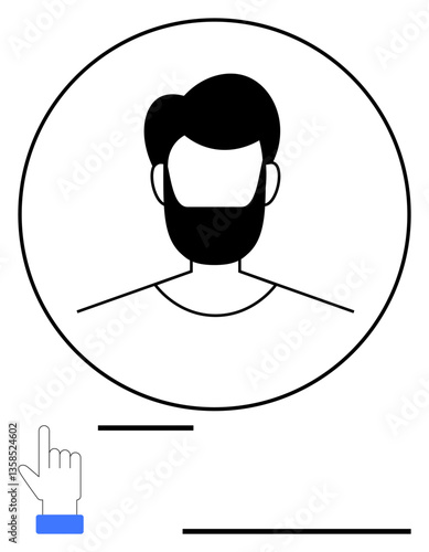 Simplified user avatar within a circular frame, emphasized by a pointing cursor. Ideal for login, account creation, user settings, online identity, personalization, interface design, flat simple