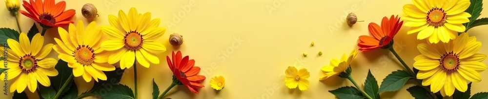 Fototapeta premium Flat lay arrangement of yellow sunflowers and cosmos flowers in a postcard style, flat lay, nature