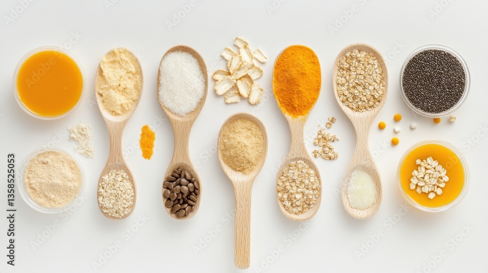 Colorful Display of Natural Ingredients on Wooden Spoons and Bowls Colorful Display of Natural Ingredients on Wooden Spoons and Bowls
