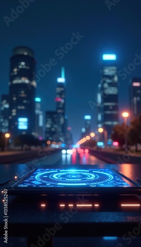 E-Learning platform with futuristic city lights background,  illuminated,  education