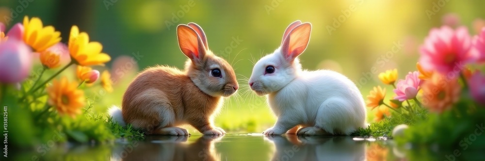 Fototapeta premium Two rabbits playing near colorful flowers; mirror shows their antics , animals, pretty
