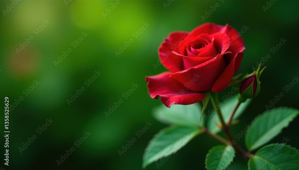 Velvet red rose bloom & tight bud, lush green foliage, growth, green Velvet red rose bloom & tight bud, lush green foliage, growth, green