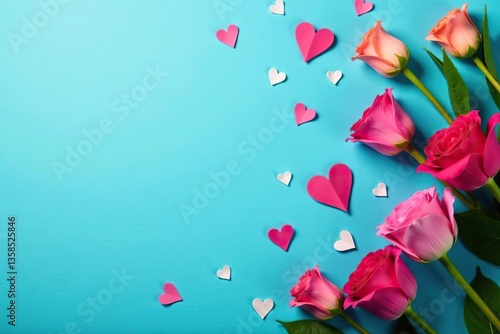 Flowers arranged on blue background with hearts,  celebration,  spring