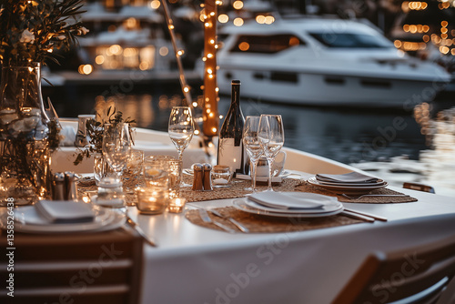 Interior view of luxury private yacht trip with dining table in summer, Front and side view of sailing boat on the ocean for recreation time in summer with cozy and relax vibe.