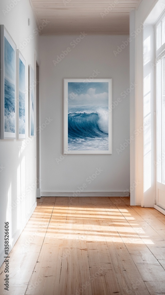 Obraz premium Minimalist Coastal Art Gallery with Ocean Wave Painting 