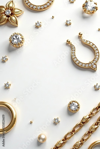 Elegant pattern of gold jewelry with diamonds on a white background,  earrings,  shiny