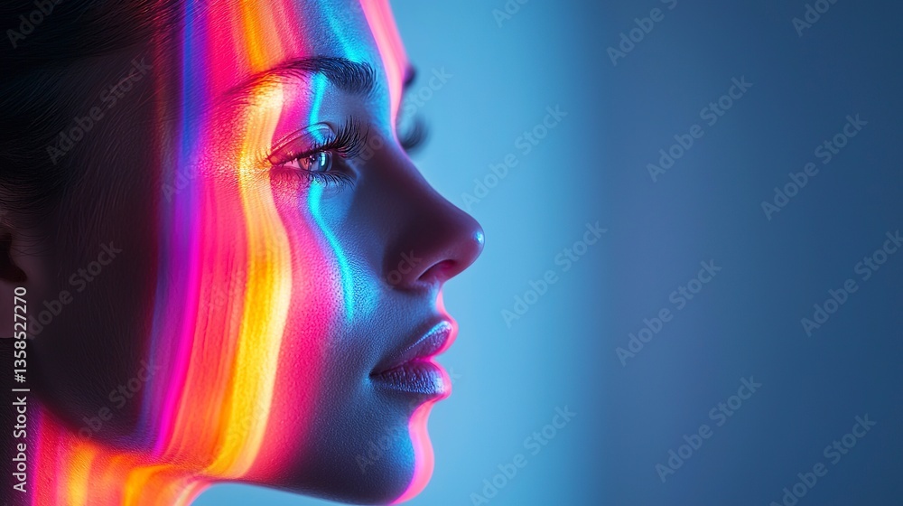 A womans face with colored light stripes across its skin A womans face with colored light stripes across its skin