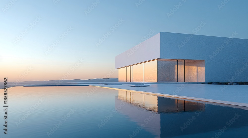 A sleek modern white villa with clean lines and large glass windows, illuminated by the golden hues of morning sunlight, overlooking a serene swimming pool. A sleek modern white villa with clean lines and large glass windows, illuminated by the golden hues of morning sunlight, overlooking a serene swimming pool.