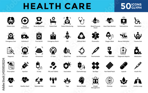 Health Care icons set with patient care, doctor consultation, nurse assistance, patient bed, patient monitoring, stethoscope, blood pressure check, heart rate monitor icon. Simple glyph vector 
