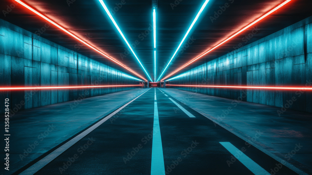 Futuristic tunnel with neon lights and symmetry Futuristic tunnel with neon lights and symmetry