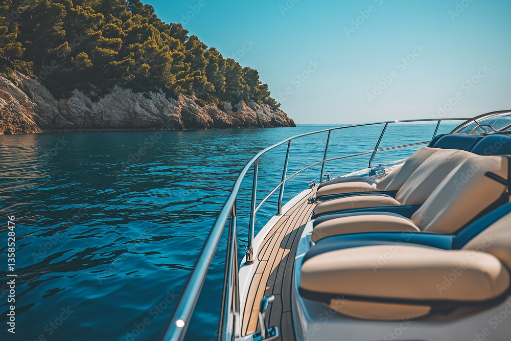 Fototapeta premium Luxury private yacht trip in summer, Front and side view of sailing boat on the ocean for recreation time in summer with cozy and relax vibe, Aerial view yacht with clear sea water.