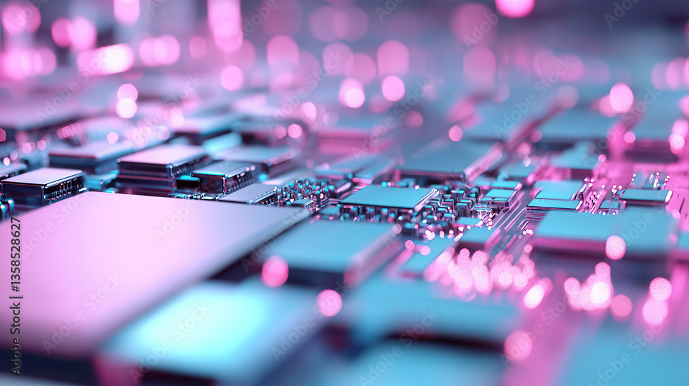 vibrant close up of futuristic circuit board with glowing pink and blue lights, showcasing advanced technology