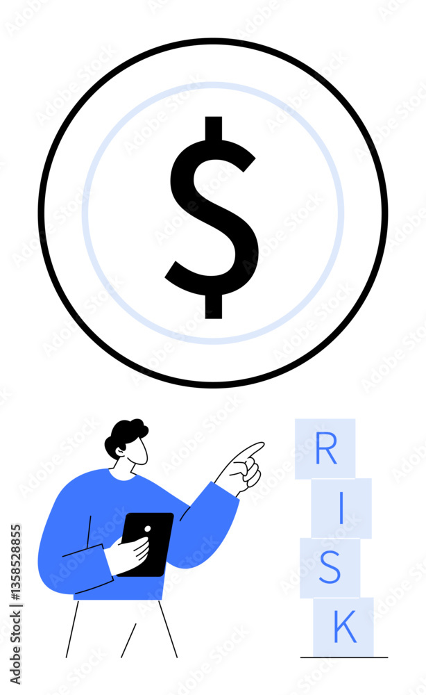 Man holding a tablet points to stacked RISK blocks under a large dollar symbol. Ideal for finance education, risk management, investment strategies, business analysis, economic concepts