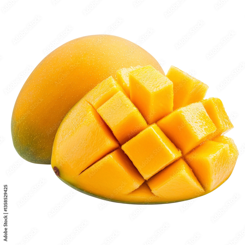 Ripe Mango Cut with Chunky Cubes on a White Background for Fresh Fruits Ripe Mango Cut with Chunky Cubes on a White Background for Fresh Fruits