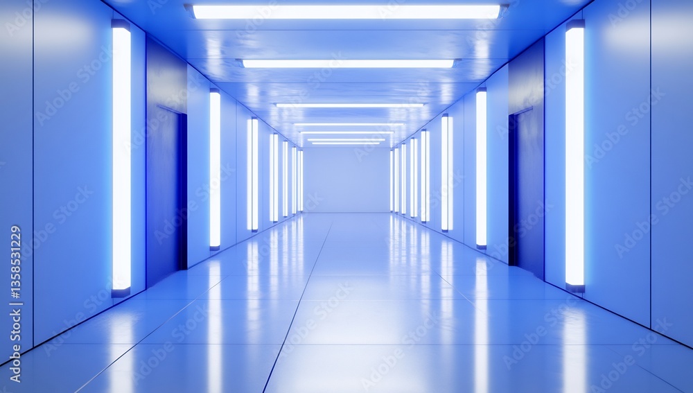 Fototapeta premium Futuristic blue corridor, glowing lights, doors, reflective floor, sci-fi setting, background design