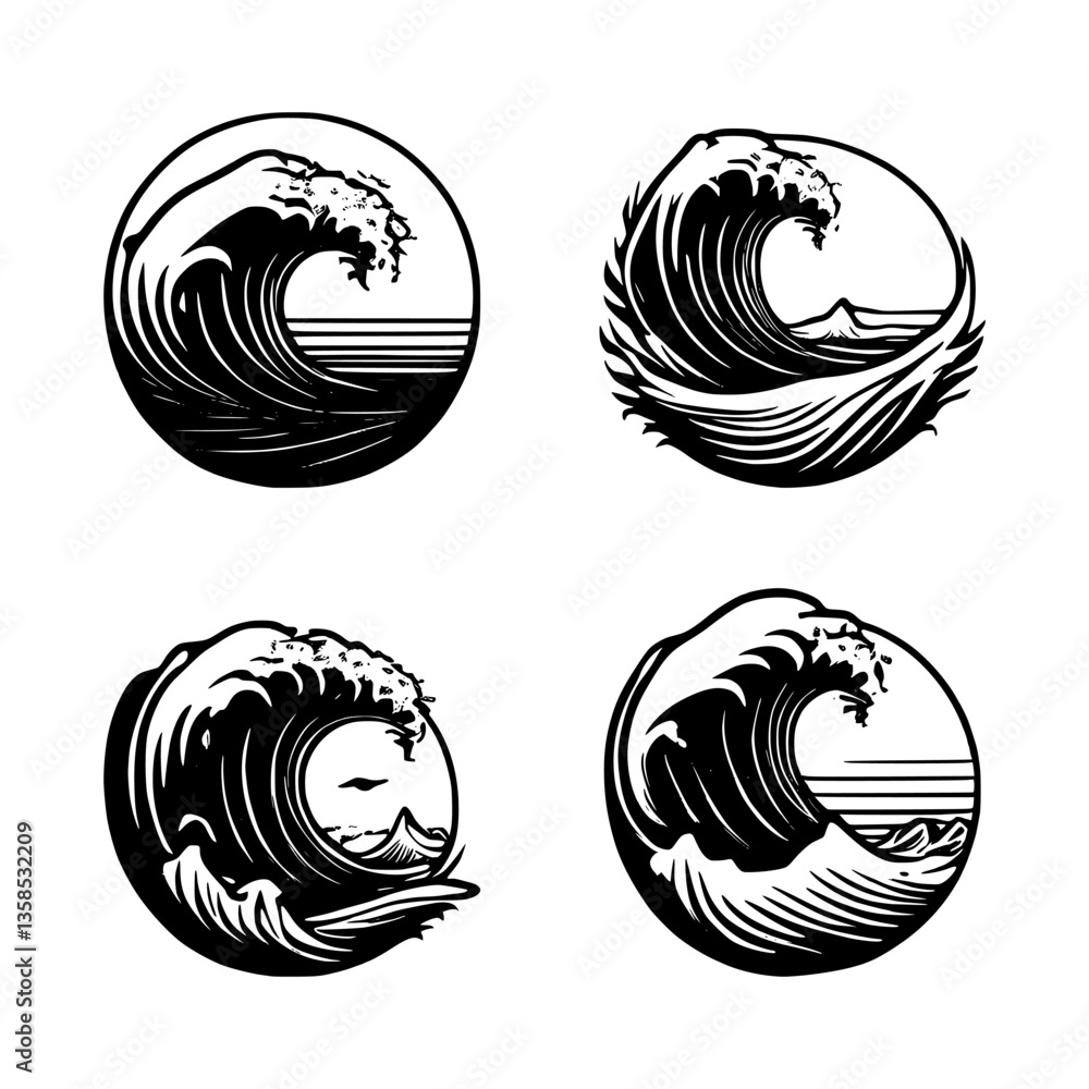 beach waves silhouette set, isolated background beach waves silhouette set, isolated background