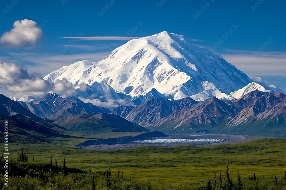 Fototapeta premium Discover the awe-inspiring untouched allure of Denali Park in Alaska featuring the noble Denali summit endless tundras and a deep feeling of admiration and excitement 