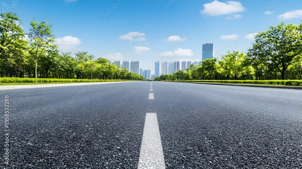 Fototapeta premium Wide City Roadway with Lush Green Trees Under Bright Blue Sky