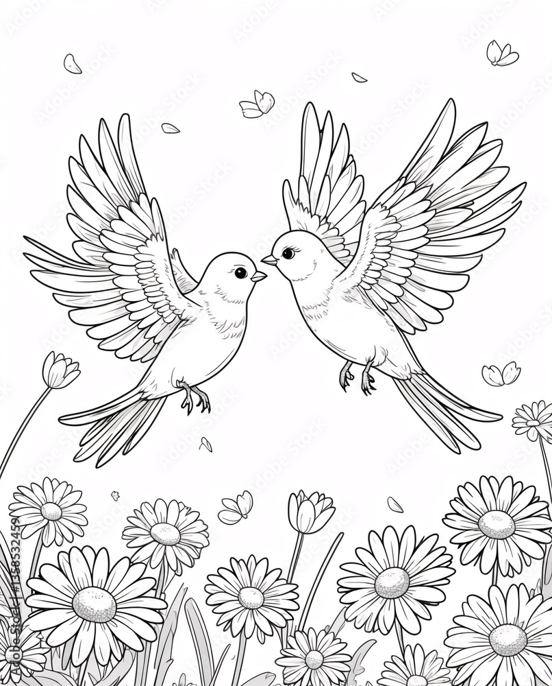 Obraz premium Graceful lover birds soaring above a full garden of flowers in intricate line art drawing perfect for coloring animal in garden Illustration