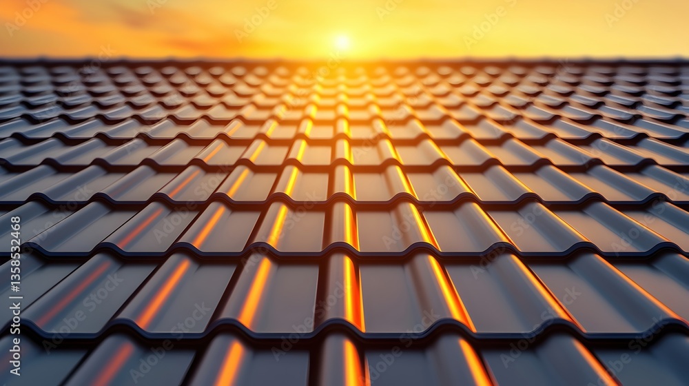 Obraz premium Sunrise Over a Glossy Metal Roof with Warm Light Reflections