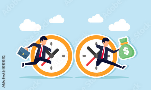 A businessman carries a money bag and a briefcase through a portal between two clocks, illustration of effectiveness and efficiency in completing work to maximize profit