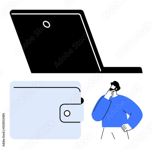 Man contemplating alongside laptop and wallet, symbolizing personal finance, digital payments, and online decision-making. Ideal for fintech, budgeting, e-commerce, problem-solving, innovation