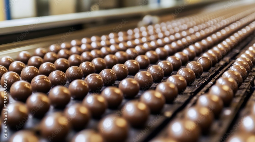 Brown Chocolate Balls on Production Line in Factory Setting Brown Chocolate Balls on Production Line in Factory Setting