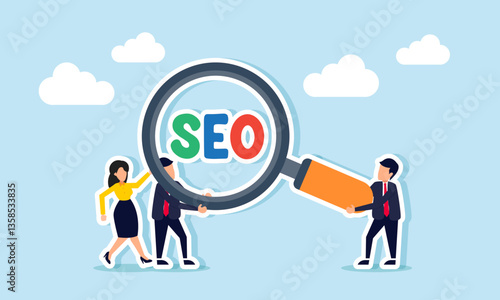 Businesspeople collaborate to lift a magnifying glass labeled with the word SEO, illustration of evaluation and analysis related to SEO performance in boosting business market sales